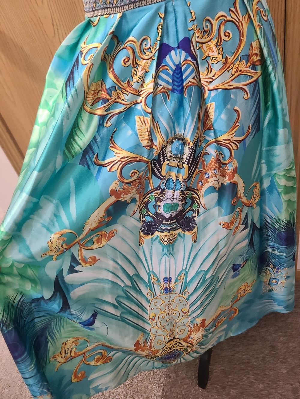 Satin Peacock Butterfly Bird Rhinestone Formal Wedding Guest Cocktail Midi Dress - Picture 5 of 5